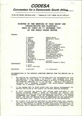 Minutes of the meeting of Task Group One Organisation and Planning held at the World Trade Centre...