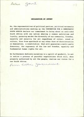 Undated partial draft marked by hand From Ciskei Government and fuller undated drafts of Declarat...