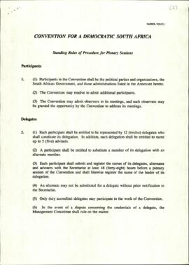 Convention for a Democratic South Africa - Standing Rules of Procedure for Plenary Sessions as dr...