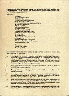 Minute-taker's notes on the final version of Recommendations emerging from the meeting of Task Gr...