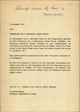 Convention for a Democratic South Africa
Steering Committee of CODESA