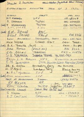Attendance register of Task Group Three - by hand