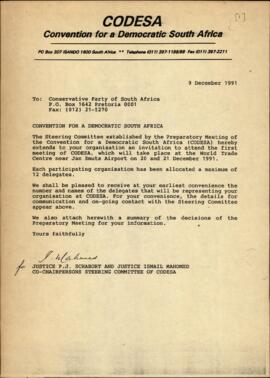 Convention for a Democratic South Africa
Steering Committee of CODESA