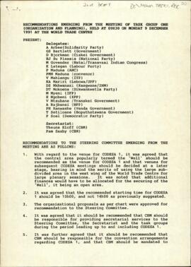 Second draft of Recommendations emerging from the meeting of Task Group One Organisation and Plan...