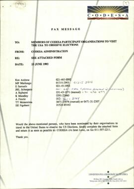 Members of CODESA participant Organisation to visit the USA to observe elections