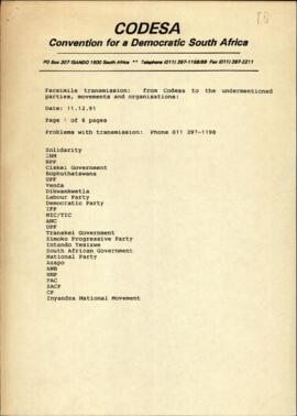 Memo to all participants regarding practical arrangements for meeting of CODESA 1 plenary