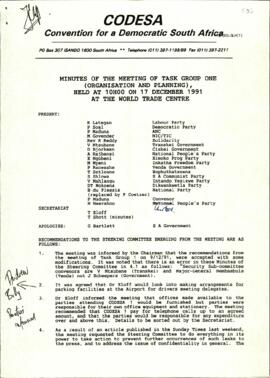 Minutes of the meeting of Task Group One Organisation and Planning held at the World Trade Centre...