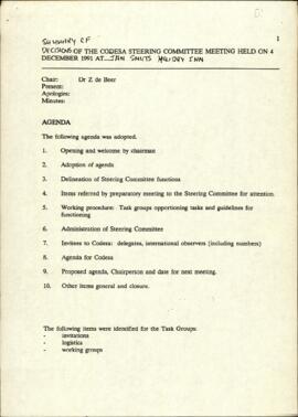 Agenda of Steering Committee meeting held on 4 December 1991 (as part of document entitled "Summa...
