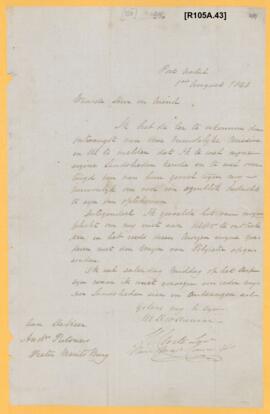 H CLOETE, HARER MAJT. COMMISS'S PORT NATAL. BRIEF AAN ANDRIES PRETORIUS TE PIETERMARITZBURG, OMTR...