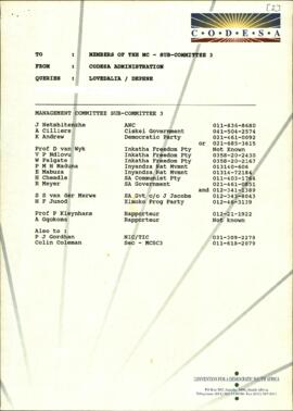 Fax to members of the Management Committee Sub- Committee 3 with Draft Agenda and Minutes