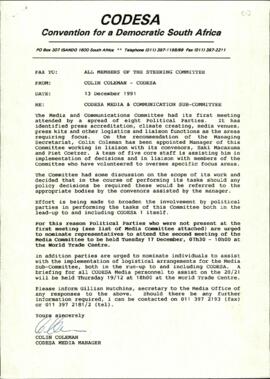 Report on Codesa Media and Communications Sub Committee to all members of the Steering Committee