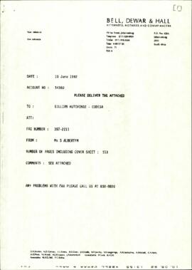 Fax from S Albertyn to G Hutchings