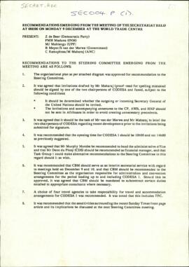 Recommendations emerging from the meeting of the Secretariat held at the World Trade Centre