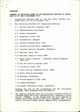 Annexure entitled "Summary of decisions taken at the preparatory meeting of CODESA"