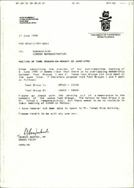 Parliament of South Africa House of Assembly from Hennie Bekker regarding: meeting of Task Groups...