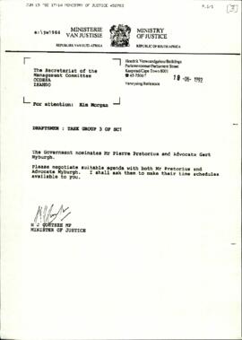Correspondence from Ministry of Justice of South Africa to the Secretariat of the Management Comm...