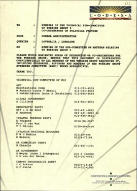 Fax to members of the Technical Sub-Committee of Working Group 3 and Co-ordinators of Political P...